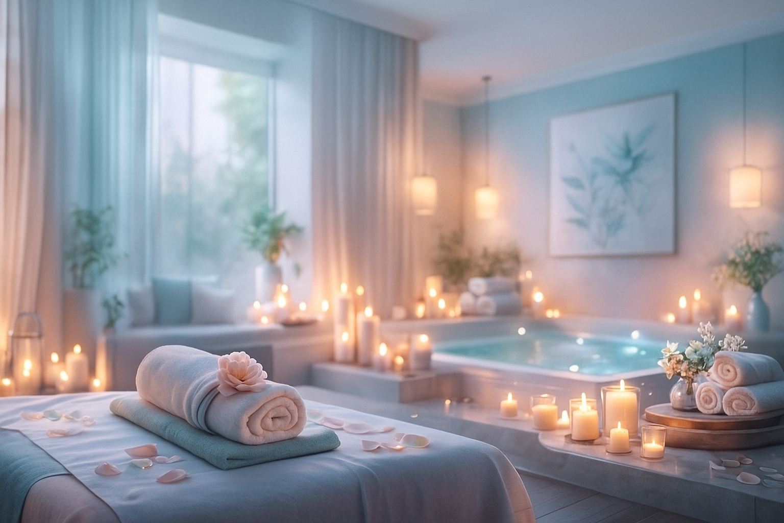 Serene luxury spa treatment room with soft ambient lighting, massage table, candles, and natural elements creating a peaceful wellness environment